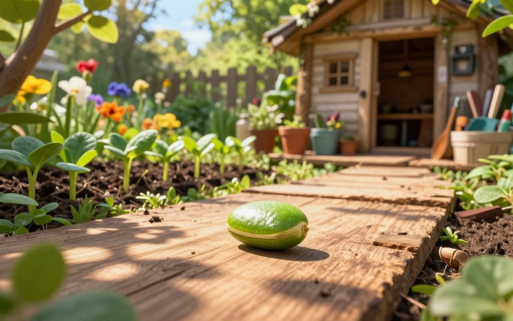 A seed moves from the crafting hut toward the garden A seed moves from the crafting hut toward the garden