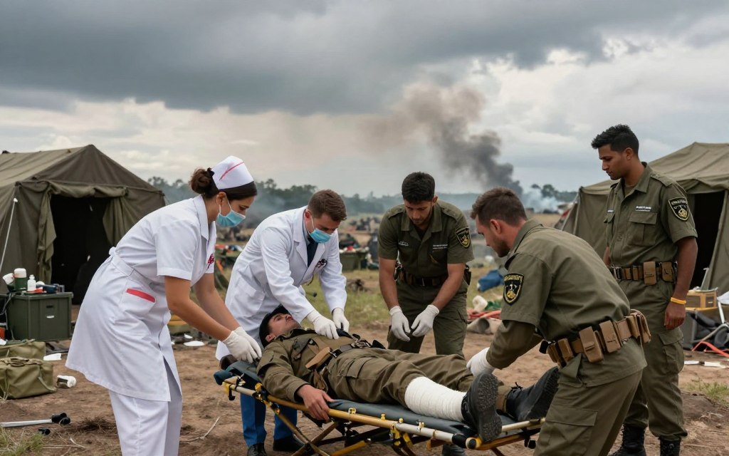 Medical team treats a wounded soldier near the battlefield Medical team treats a wounded soldier near the battlefield